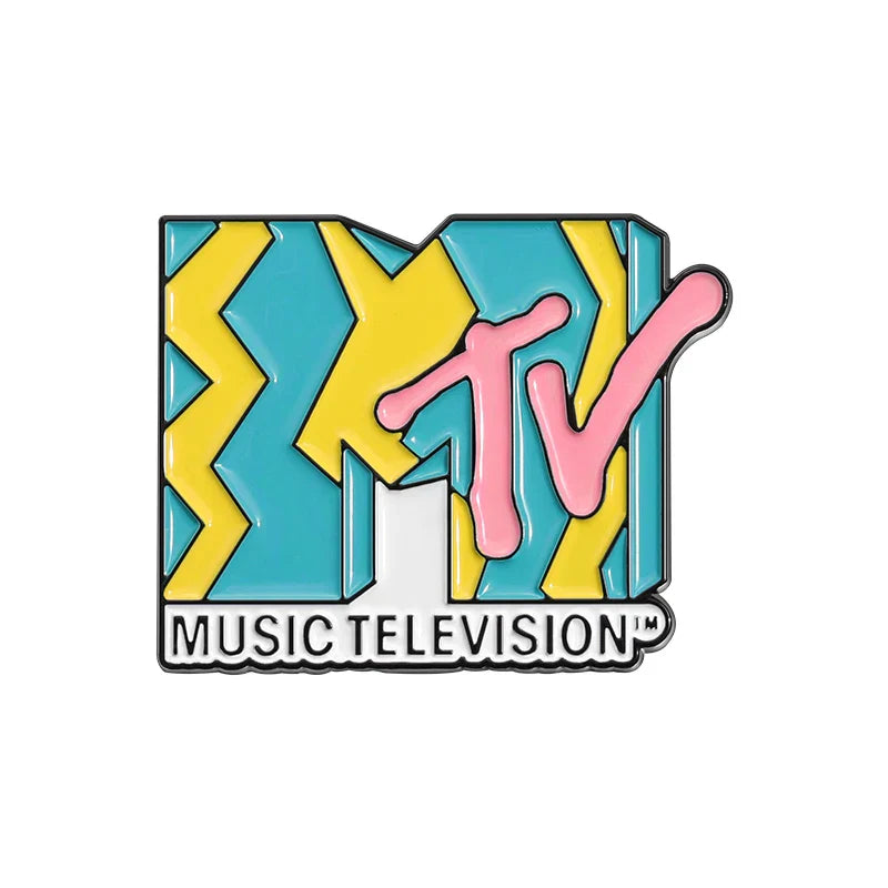Vibrant enamel music television pin with teal and yellow zigzags and pink mtv lettering for brooches lapel backpack badge fashio jewelry