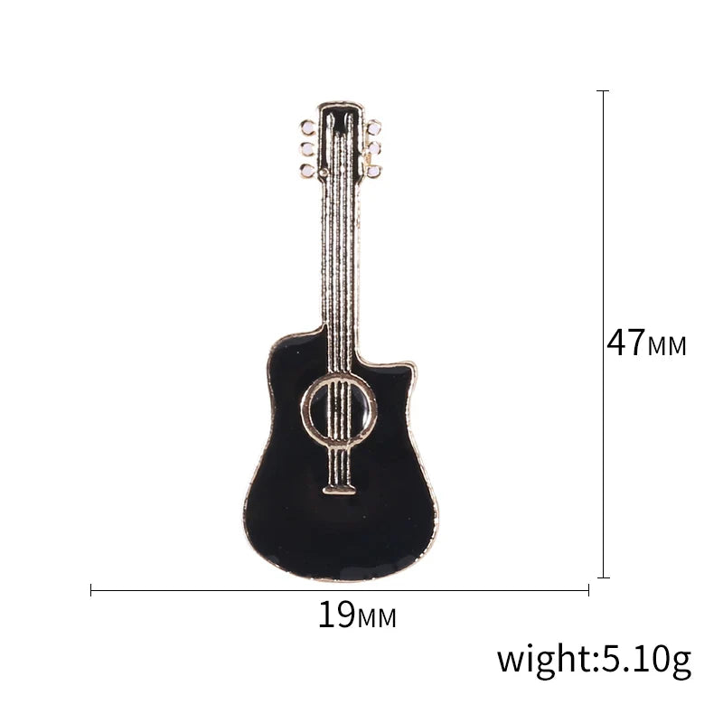 Black and silver acoustic guitar-shaped enamel pin 47mm tall by 19mm wide perfect for banquet party backpack gifts