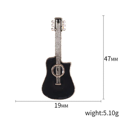 Black and silver acoustic guitar-shaped enamel pin 47mm tall by 19mm wide perfect for banquet party backpack gifts