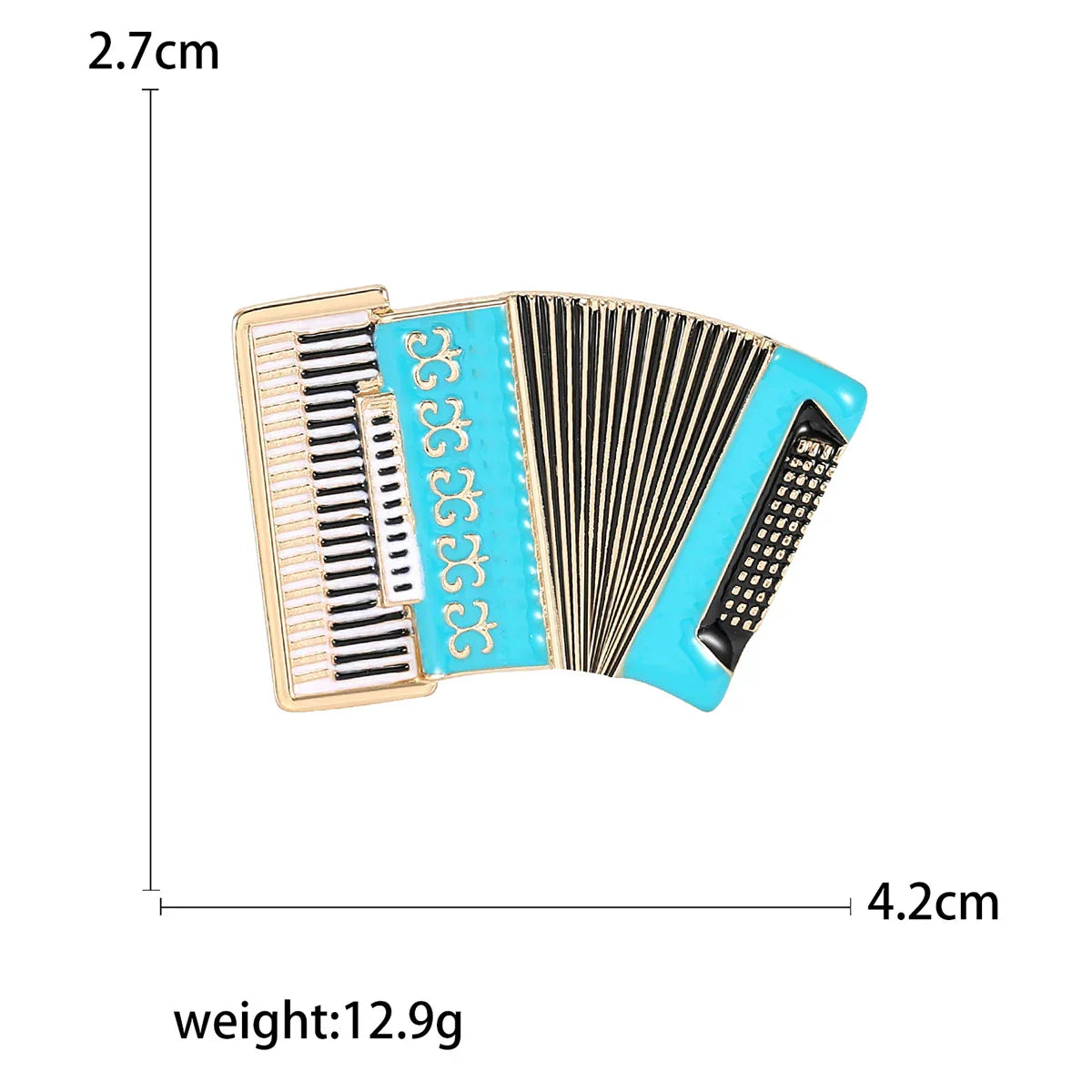 A vibrant turquoise enamel accordion pin with gold-tone metal and black key details for banquet party backpack use