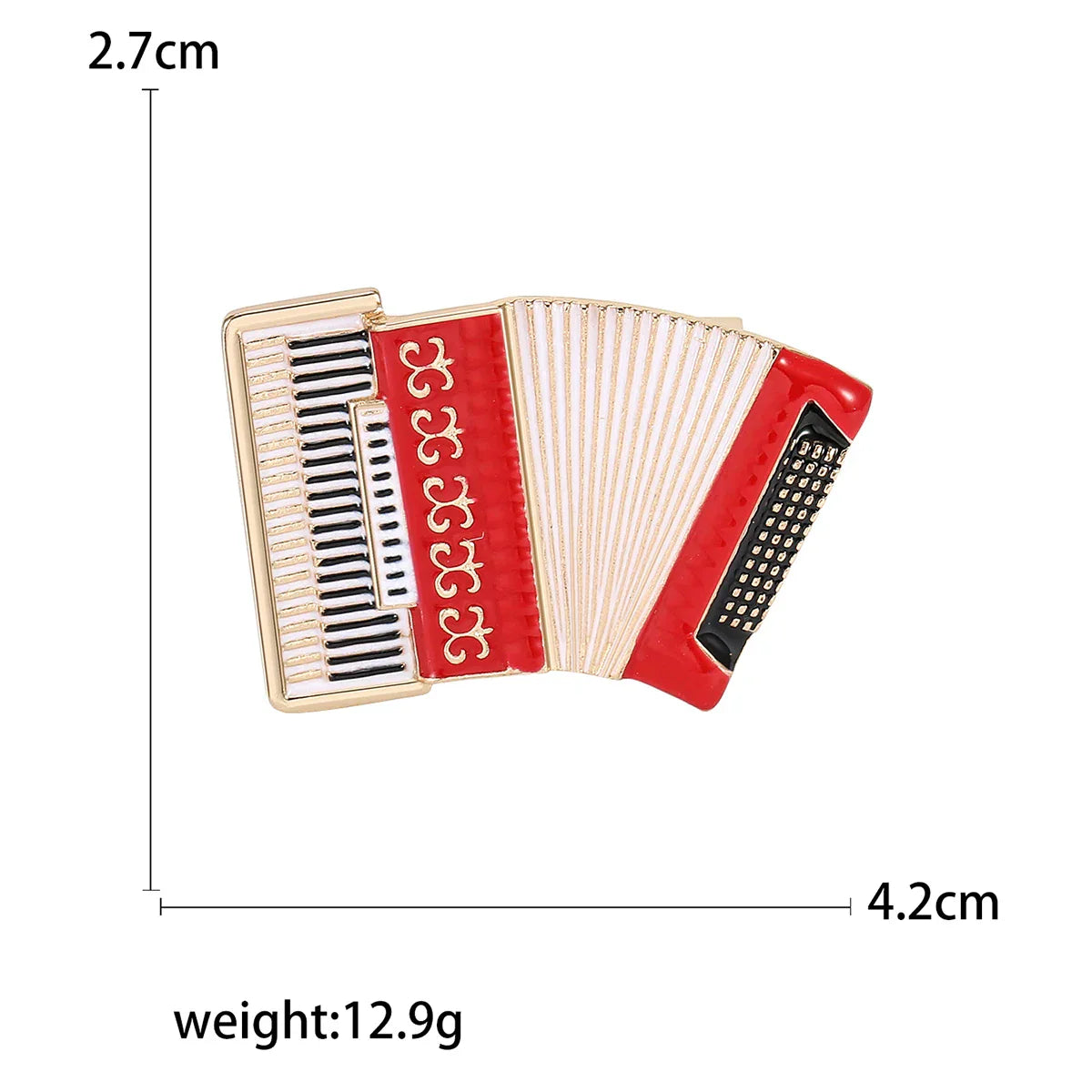 Red and gold enamel accordion-shaped pin with black keys and silver accents for banquet party backpack gifts unisex rhinestone music accessories