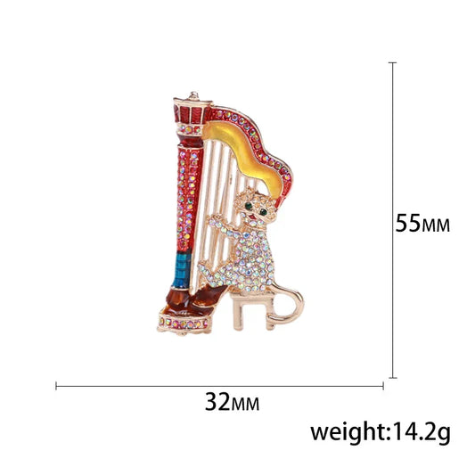 A sparkling multicolored enamel violin brooch with rhinestones and a cute cat, ideal for banquet party backpack gifts