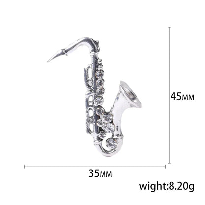Silver saxophone-shaped enamel violin brooch with clear rhinestones for unisex rhinestone music banquet party backpack gifts