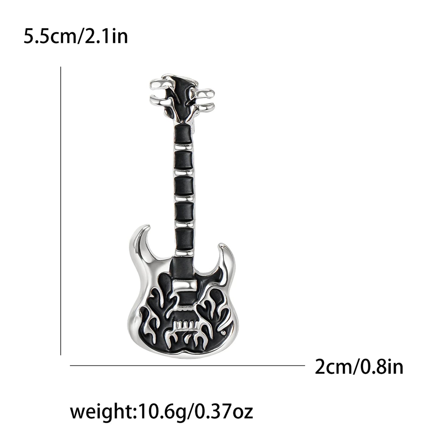 Silver and black electric guitar enamel pin with flame design for unisex rhinestone music banquet party backpack gifts