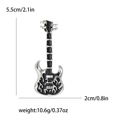 Silver and black electric guitar enamel pin with flame design for unisex rhinestone music banquet party backpack gifts