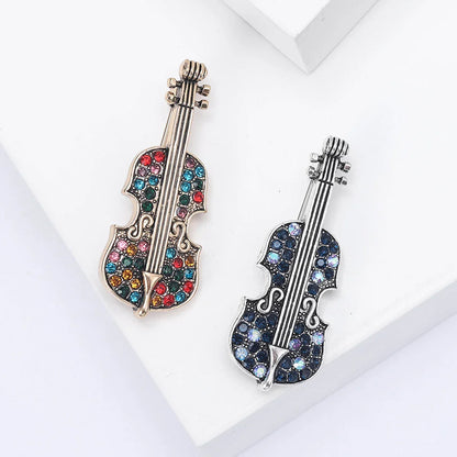 Two enamel violin brooches with multicolored rhinestones and deep blue silver-toned metalwork for banquet party backpack gifts