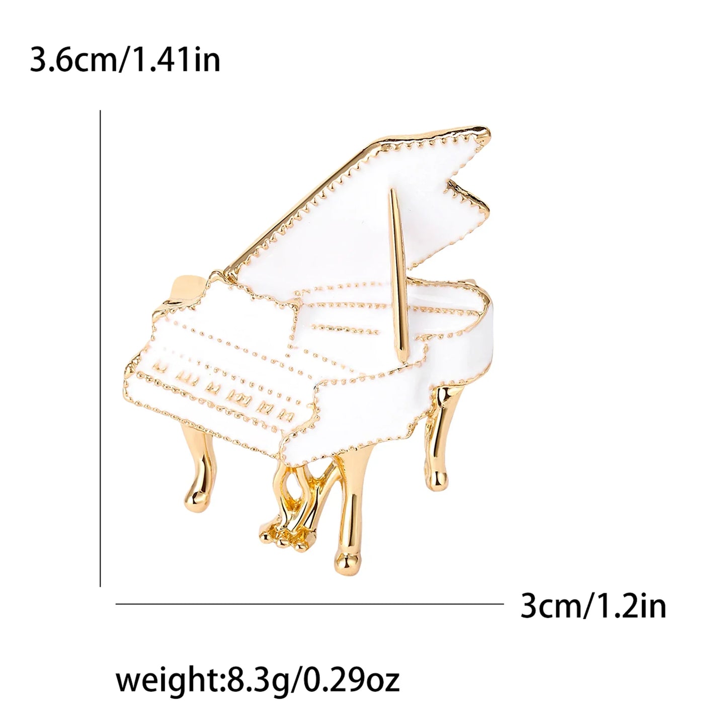 A delicate white and gold enamel violin brooch shaped like a grand piano with detailed keys for banquet party backpack accessories