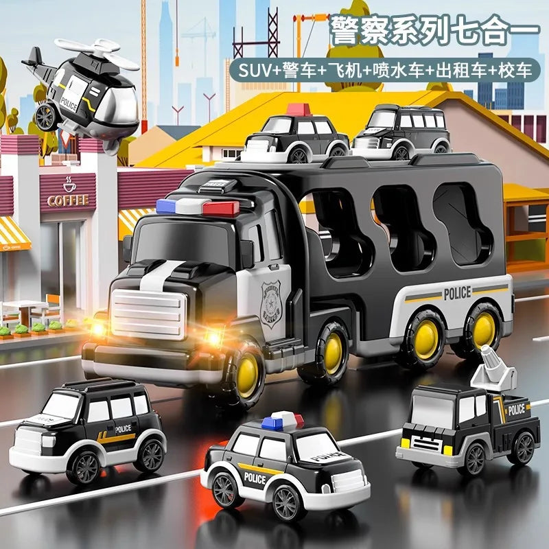 Black and white plastic police transport truck with yellow wheels featuring police emblem for engineering vehicles lighting and music transport vehicles