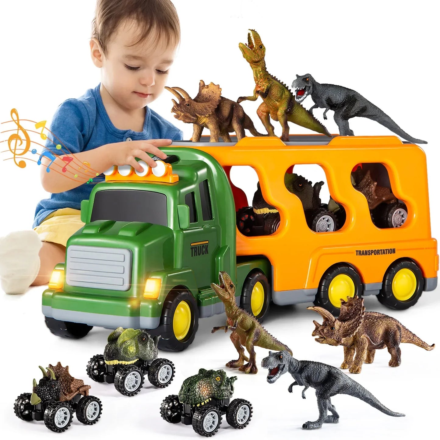 Green and orange plastic dinosaur engineering vehicle with lighting and music features and yellow wheels for children