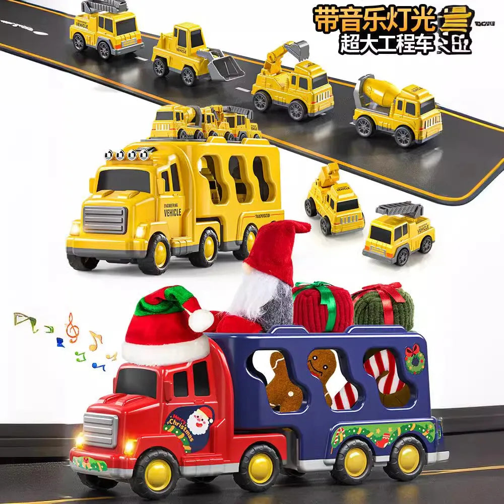 Red and blue christmas-themed engineering vehicles lighting toy truck with festive decorations and santa hat on cab