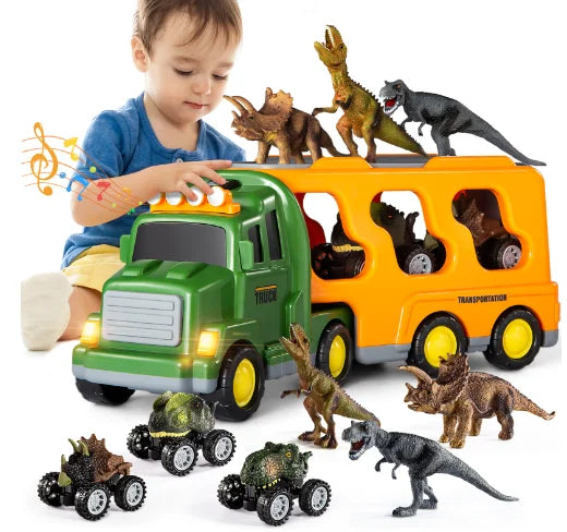 Green and yellow dinosaur engineering vehicle transport truck with lighting and illuminated headlights for children