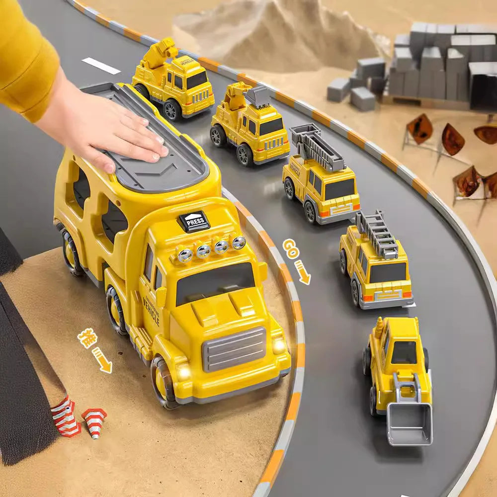 Yellow plastic engineering vehicles lighting set with music transport vehicles and engines container trucks toys with gray accents