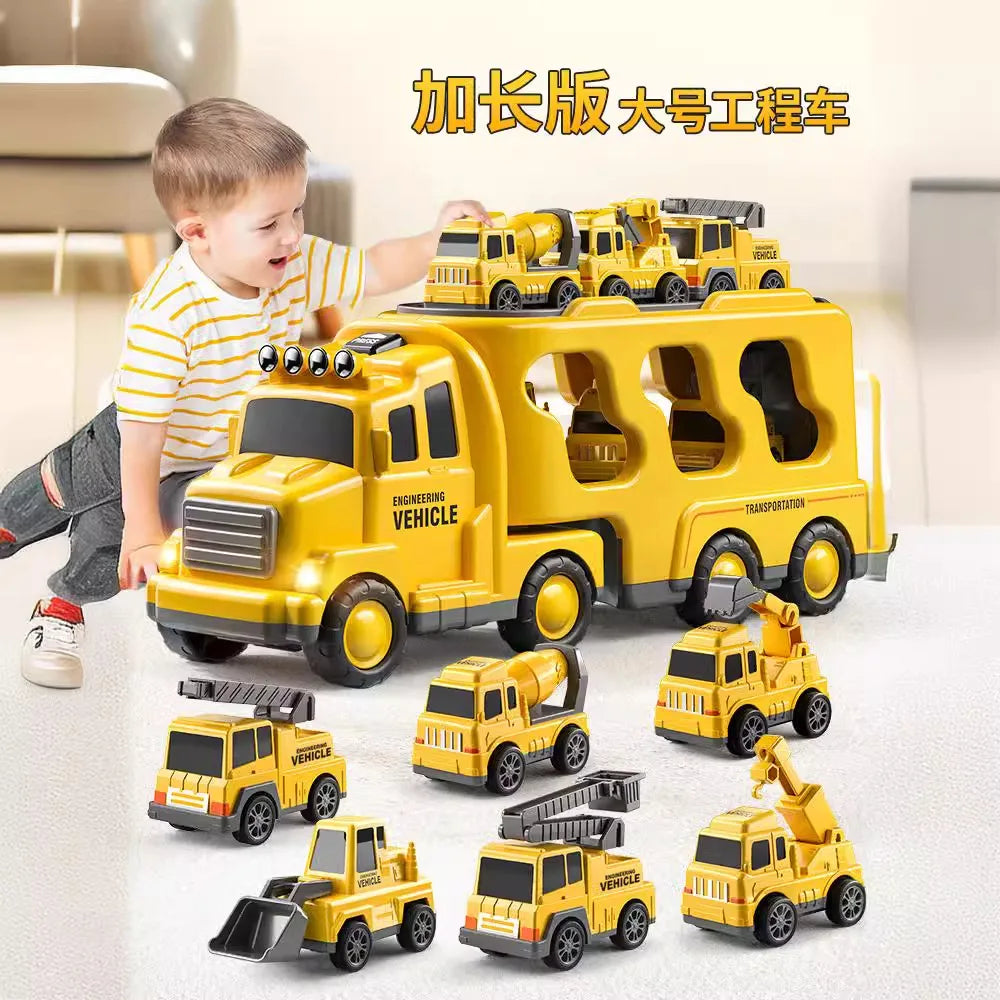 Yellow plastic toy engineering vehicles lighting transport truck carrying smaller yellow music transport vehicles toys