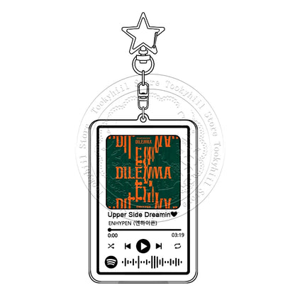 Clear acrylic enhypen music keychain shaped like a smartphone screen with main song kpop dilemma and doubt pendant girl charm