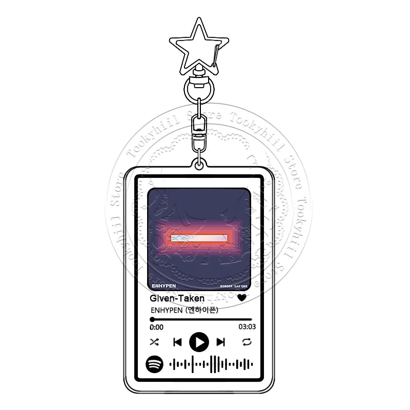 Clear acrylic enhypen music keychain shaped like spotify screen featuring main song kpop given-taken with glowing red progress bar doubt pendant girl gift