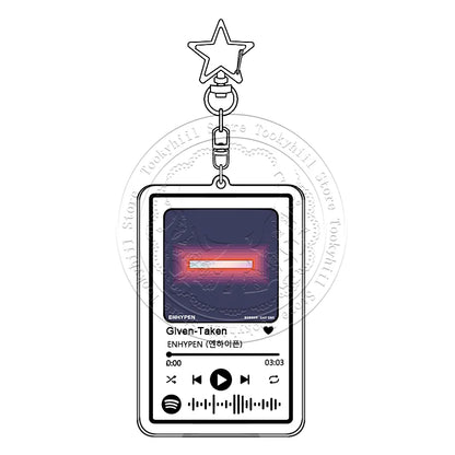 Clear acrylic enhypen music keychain shaped like spotify screen featuring main song kpop given-taken with glowing red progress bar doubt pendant girl gift