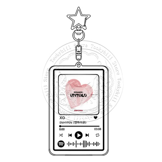 Clear acrylic enhypen music keychain shaped like a smartphone screen with pink heart doubt pendant girl design