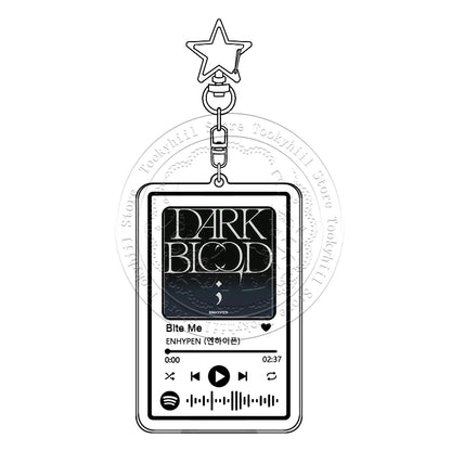 Clear acrylic enhypen music keychain shaped like smartphone showing main song kpop interface with star-shaped doubt pendant girl charm