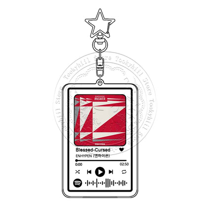 Clear acrylic enhypen music keychain shaped like a smartphone screen with red white main song kpop doubt pendant girl design
