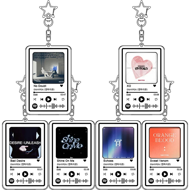 Clear acrylic enhypen music keychain with star top and five card slots displaying main song kpop playlists perfect doubt pendant girl gift