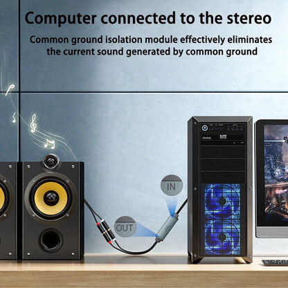 Black eppfun av100c stereo isolation module with blue led and silver accents connecting pc to home stereo speakers
