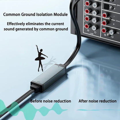 Black rectangular eppfun av100c common ground isolation module with silver accents and audio cables for home stereo use