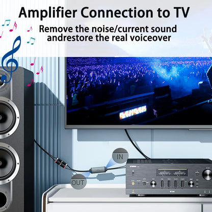 Black yamaha amplifier with silver knobs connected to tv via audio cables featuring eppfun av100c noise filter for home stereo use