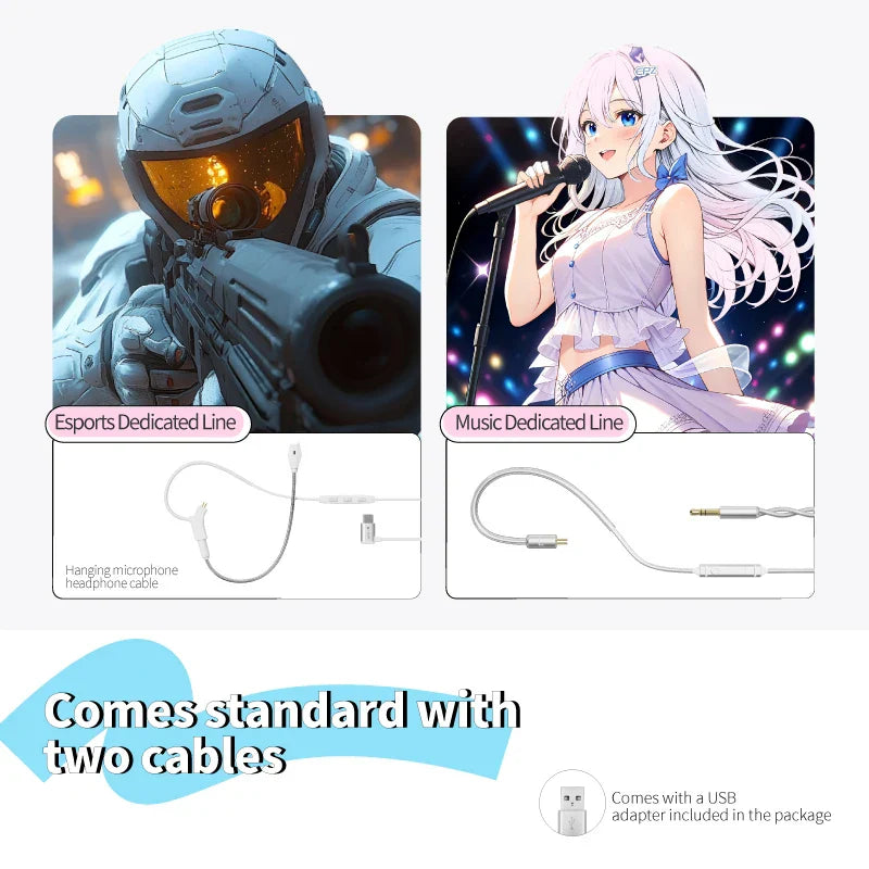 Image shows epz g20 wired earphones hifi with white esports microphone cable and silver braided music ear headphones gaming cable