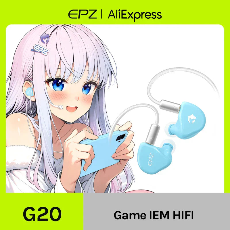 Light blue epz g20 wired earphones hifi with silver connectors and heart design for ear headphones gaming use