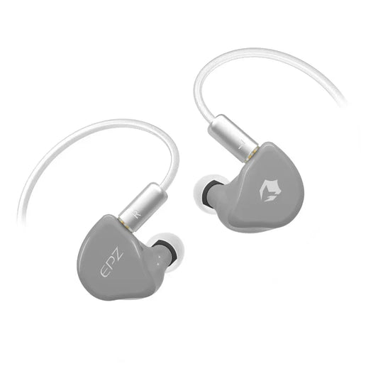 Gray epz g20 wired earphones hifi in-ear headphones with silver accents and transparent cables for gaming use