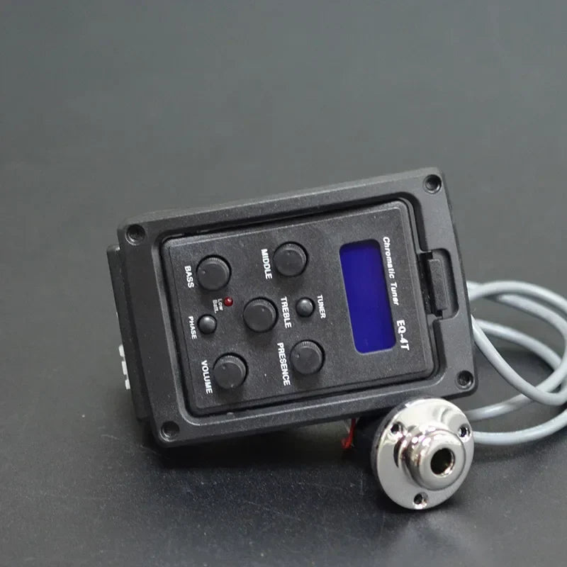 Black eq-41 chromatic tuner with blue display and six control knobs for bass middle treble presence volume and phase in acoustic guitar preamp and guitar eq equalizer