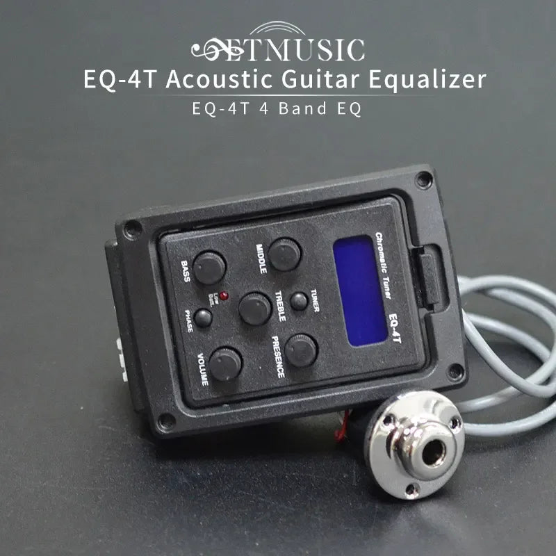 Black eq-4t acoustic guitar preamp with blue digital display and six control knobs for bass middle treble presence volume phase