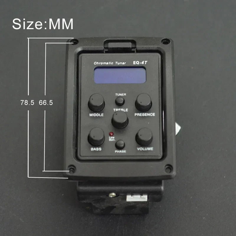 Black eq-4t acoustic guitar preamp with digital tuner display and six knobs for precise guitar eq equalizer control
