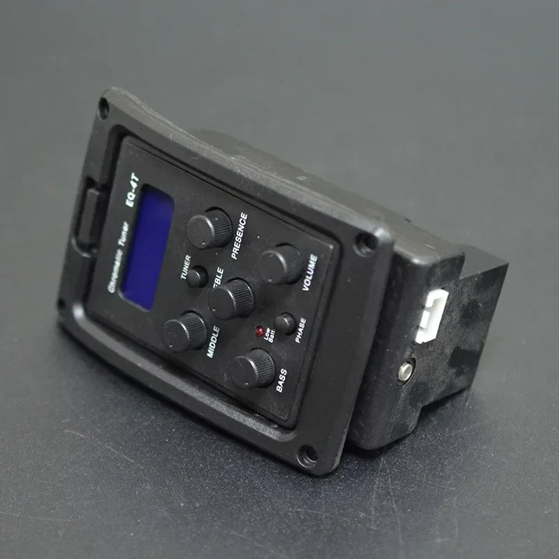 Black plastic acoustic guitar preamp eq-4t with blue digital display and six knobs for guitar eq equalizer control