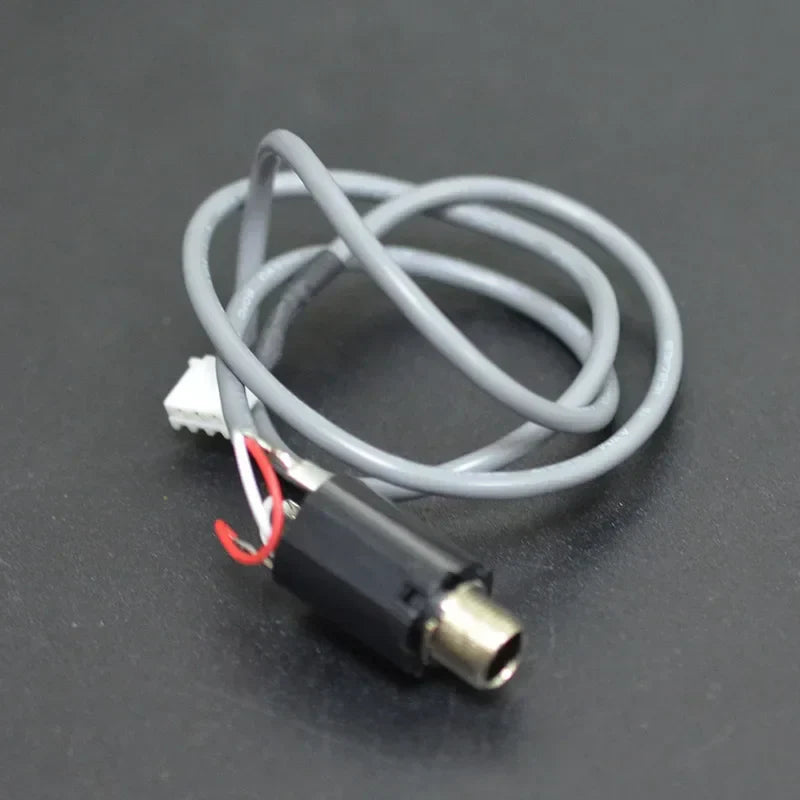 Gray coiled cable with black connector and metallic plug featuring exposed red and white wires for acoustic guitar preamp eq pickup