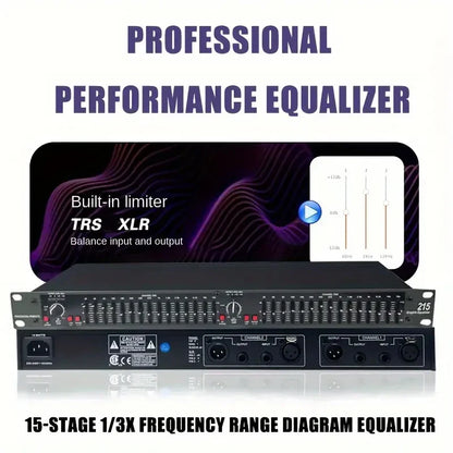 Black eq215 professional sound equalizer with 15-stage precision tuning and trs xlr inputs ideal for studios and live use