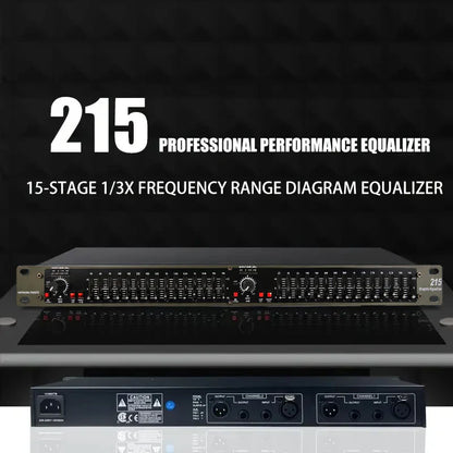 Black eq215 professional sound equalizer with sleek metallic front panel and red led indicators for precision tuning