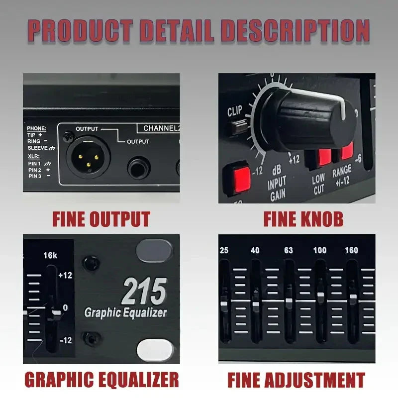 Black eq215 professional sound equalizer with xlr inputs fine output jack and adjustable sliders for precision tuning