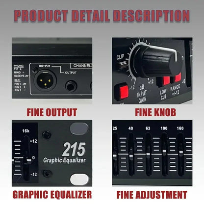 Black eq215 professional sound equalizer with xlr inputs fine output jack and adjustable sliders for precision tuning