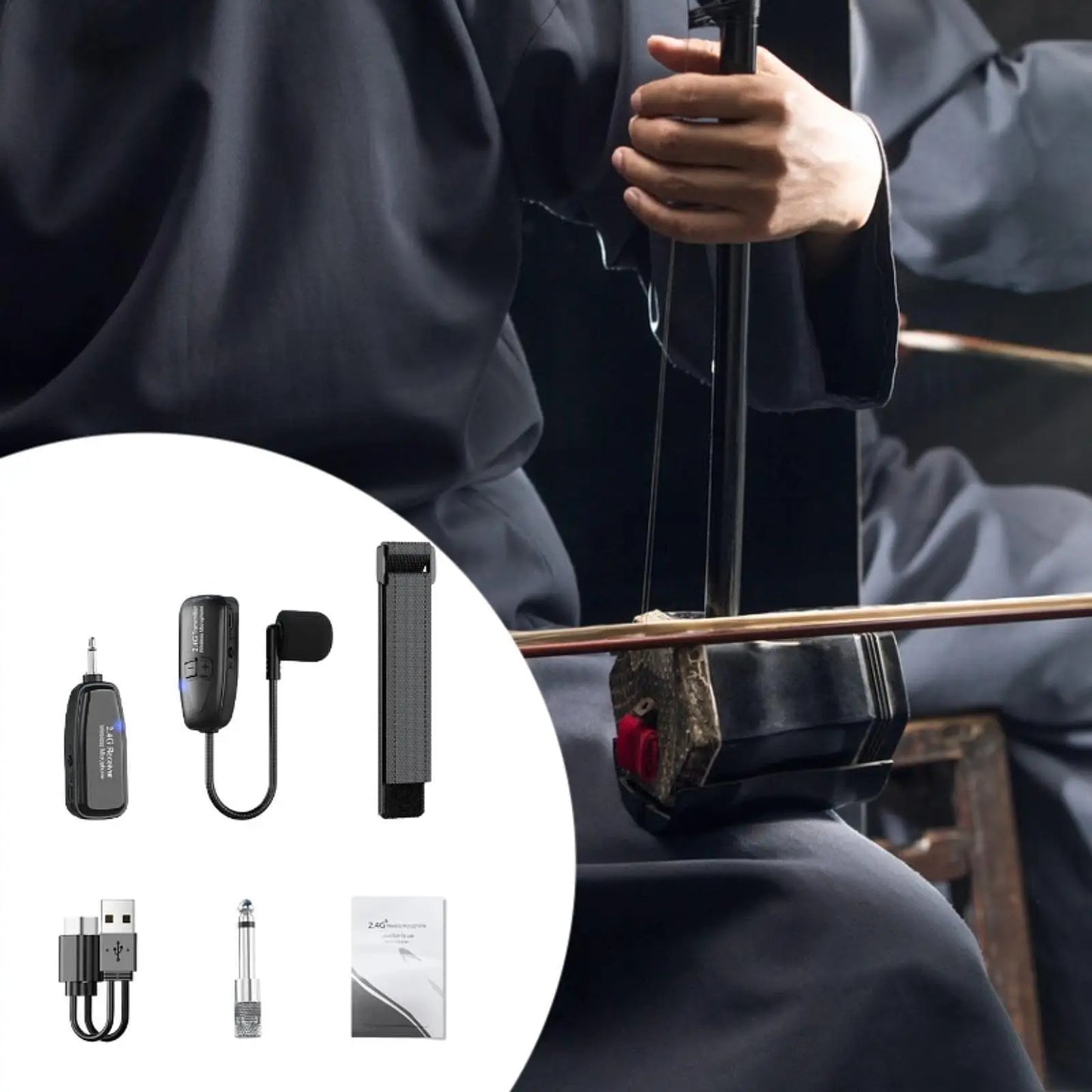 Black wireless lavalier erhu microphone violin system with clip and receiver for personal exercises voice recording