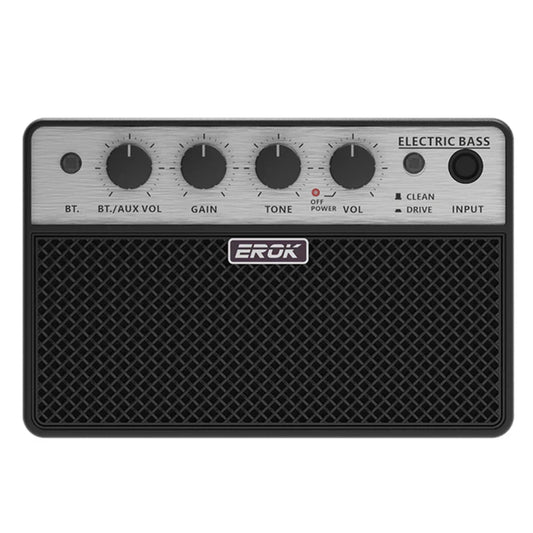 Black and silver erok guitar portable bass mini amplifier with four knobs mesh grille and clean drive effects ports
