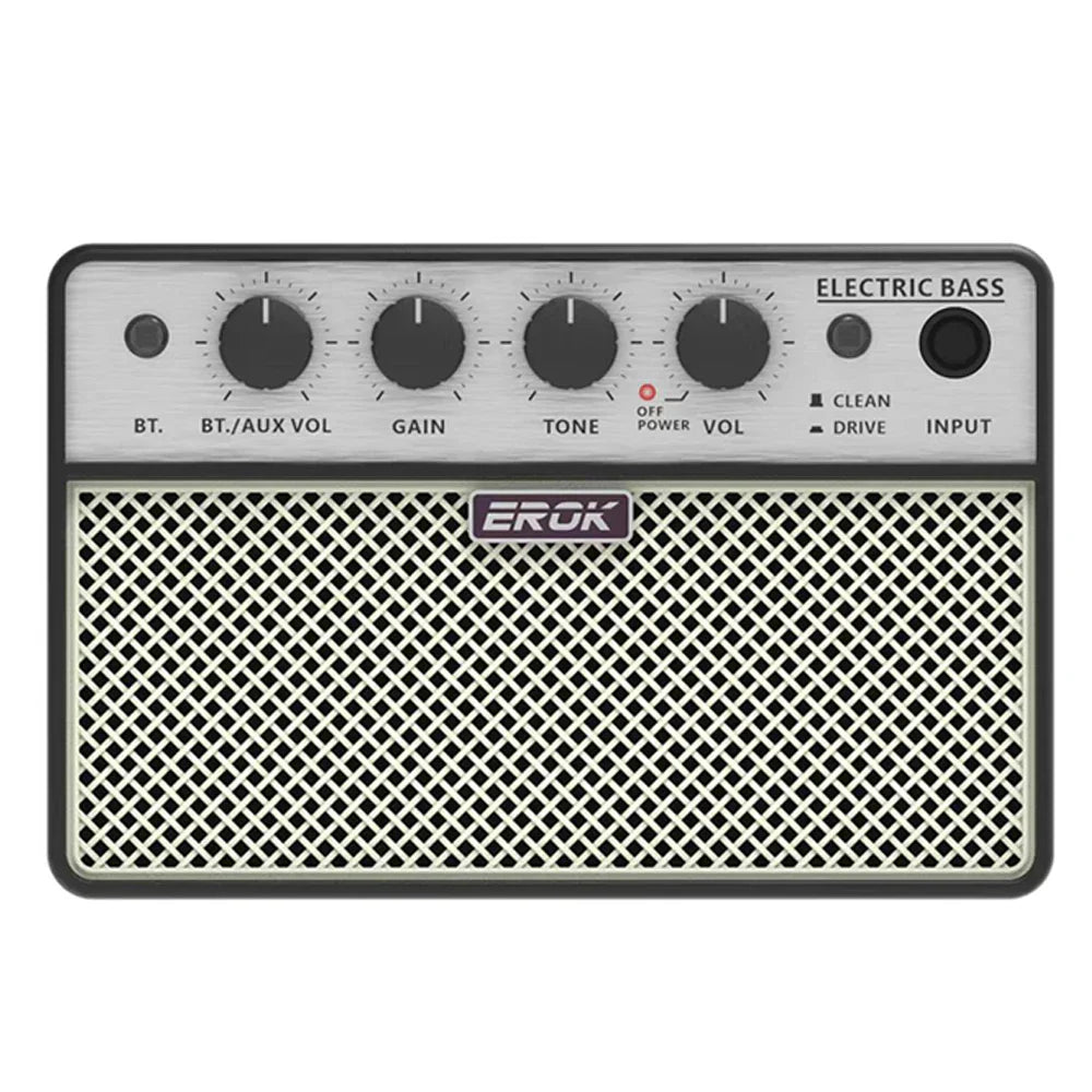 Silver and black erok guitar portable bass mini amplifier with diamond-patterned grille cloth and clean drive effects