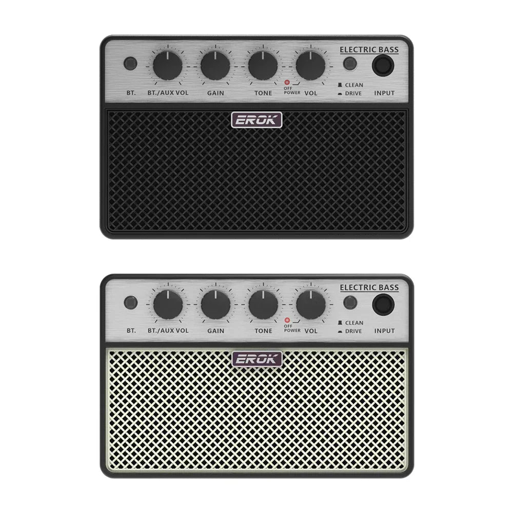 Black and silver erok guitar portable bass mini amplifier with mesh grille cover and clean drive effects for practice