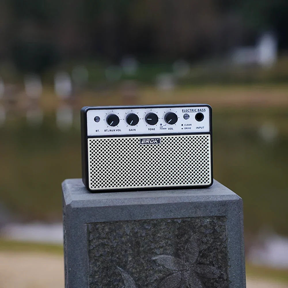 Black and silver erok guitar portable bass mini amplifier with perforated grille, four control knobs, and clean drive effects
