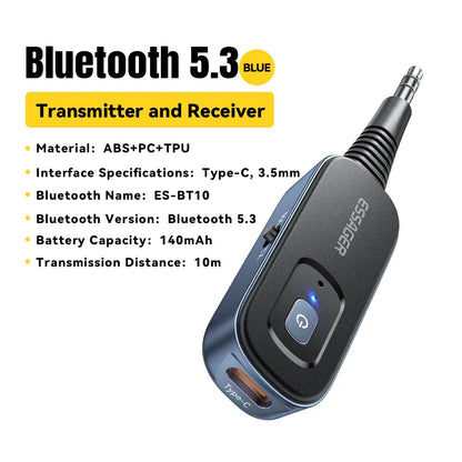Black and blue essager bluetooth audio receiver transmitter with type-c port 3.5mm jack and blue power light for earphones tv car