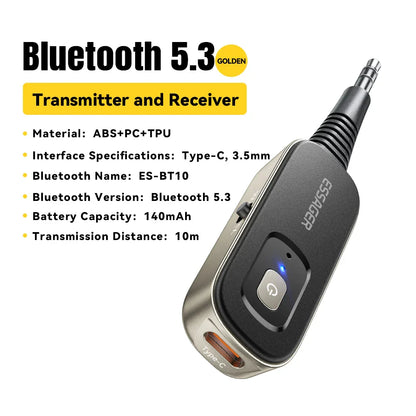 Black and silver essager bluetooth audio receiver transmitter with type-c port 3.5mm jack and blue power light for earphones tv car