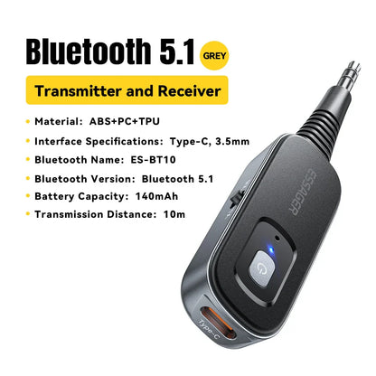 Grey essager 2-in-1 bluetooth audio receiver transmitter with type-c port and 3.5mm jack for earphones tv car use