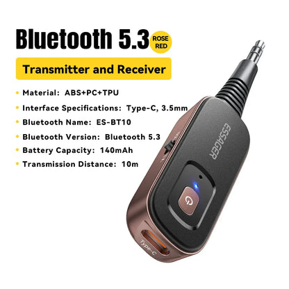 Rose red bluetooth 5.3 audio receiver transmitter es-bt10 with sleek abs pc tpu body type-c 3.5mm ports for earphones tv car