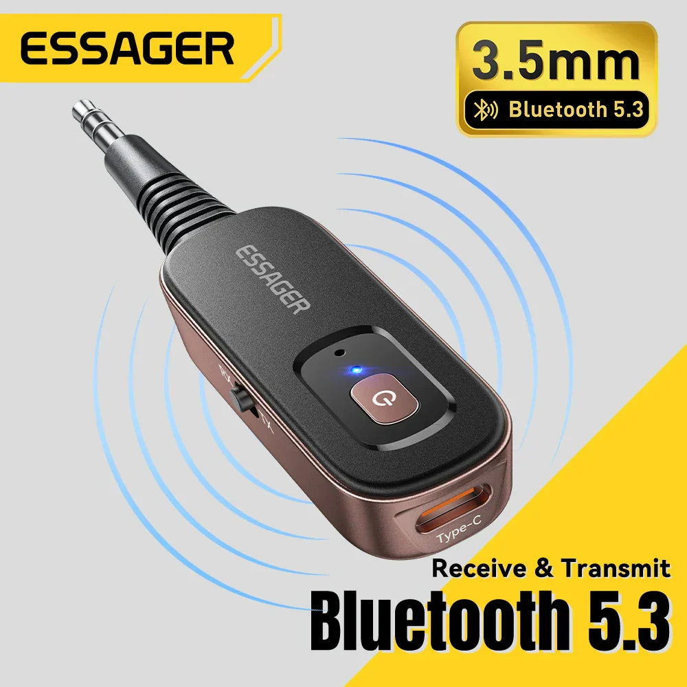 Essager 2-in-1 bluetooth audio receiver transmitter with black and rose gold finish 3.5mm jack type-c port for earphones tv car