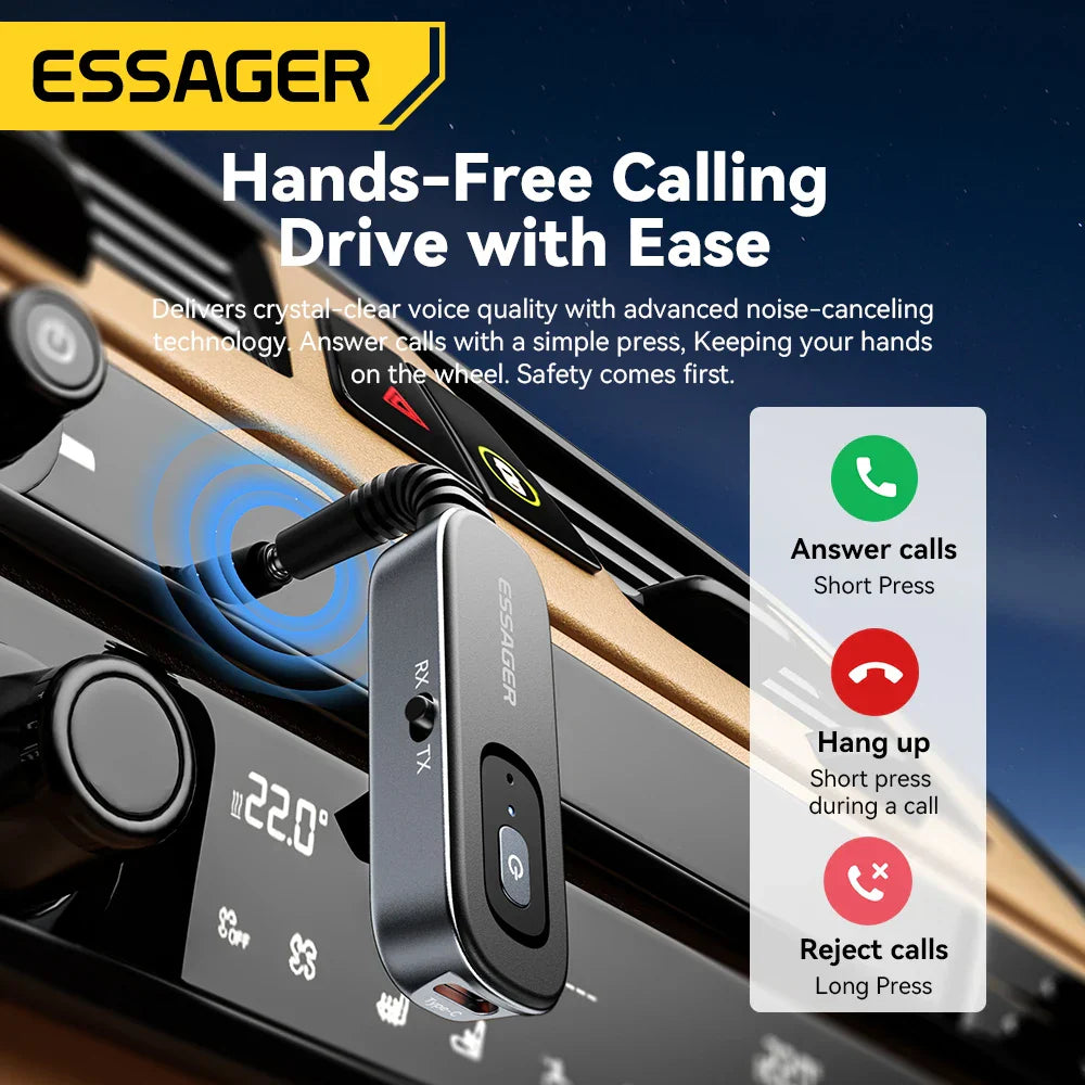Black Essager 2-in-1 bluetooth audio receiver transmitter with silver accents and single button for earphones tv car use